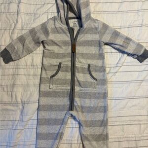 Carter's Hooded Striped Gray & Light Gray Zip One-Piece